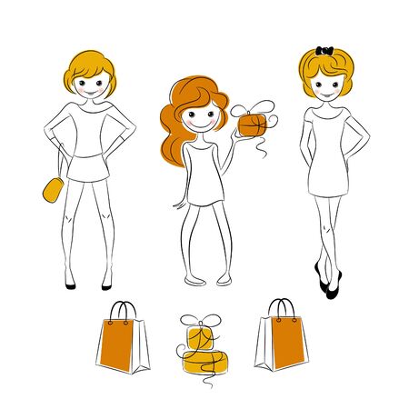 Shopping girls with sale bagsのイラスト素材