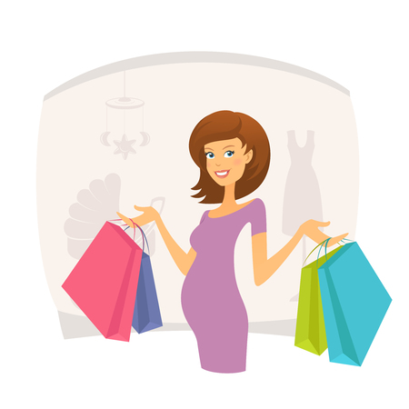 Happy pregnant woman with shopping bagsのイラスト素材