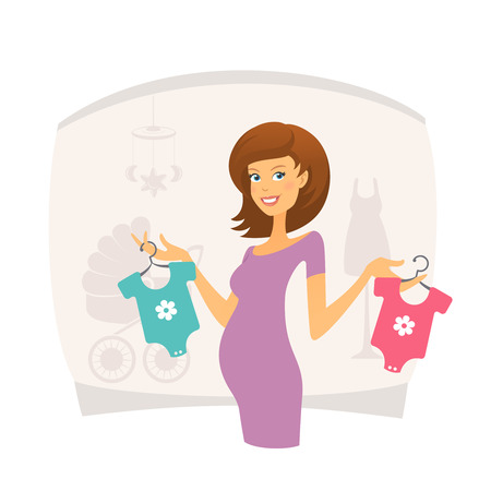 Happy pregnant woman with baby clothesのイラスト素材