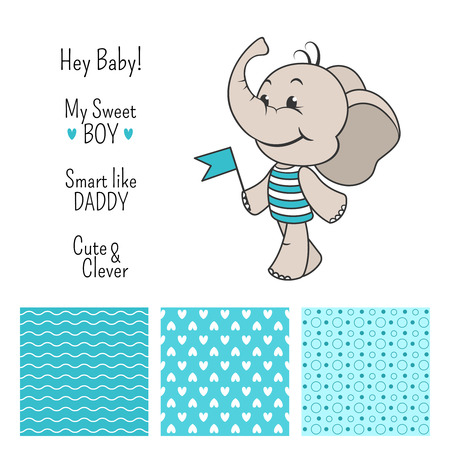 Baby boy elephant blue design set with seamless patternsのイラスト素材