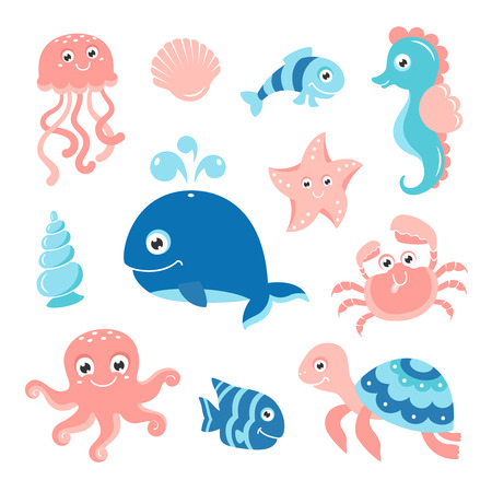 Ocean set with cartoon sea animals for baby shower scrapbooking and birthday designs.のイラスト素材