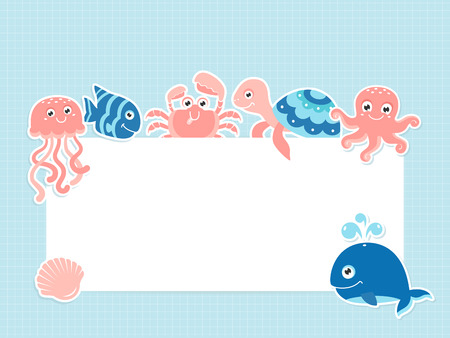 Greeting card template with cute sea animals and text spaceのイラスト素材