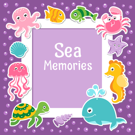 Violet border with cute sea animals.のイラスト素材