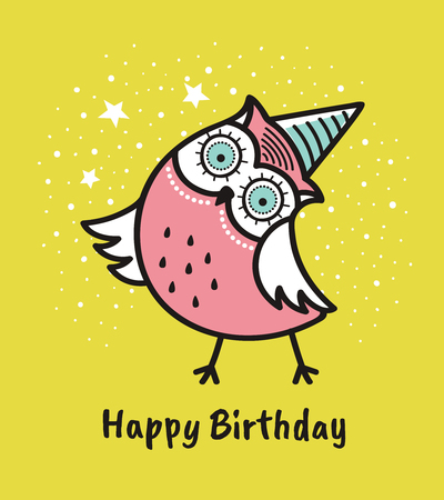 Cute hand drawn owl with quote. Happy birthday. Greeting card.のイラスト素材