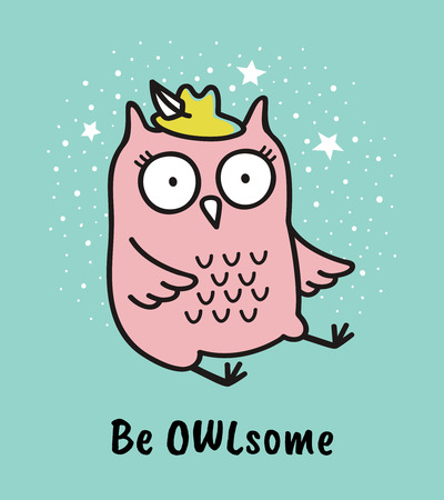 Cute hand drawn owl with quote. Be owlsome. Greeting cardのイラスト素材