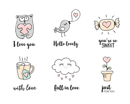 Love doodles, hand drawn love symbols and Valentines day quotes setのイラスト素材