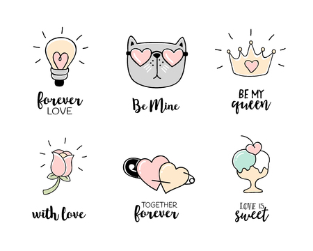 Love doodles, hand drawn love symbols and Valentines day quotesのイラスト素材