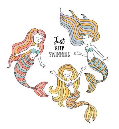 Cute little mermaids. Under the sea vector illustration. Just keep swimmingのイラスト素材