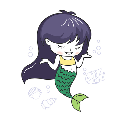 Cute little mermaid with a fish and seashellsのイラスト素材