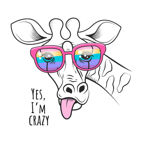 Giraffe sticking out tongue. Funny hand drawn style posterのイラスト素材
