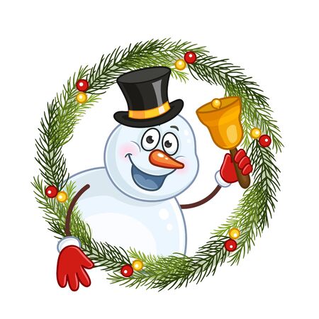 Snowman with a bell in a Christmas wreathのイラスト素材