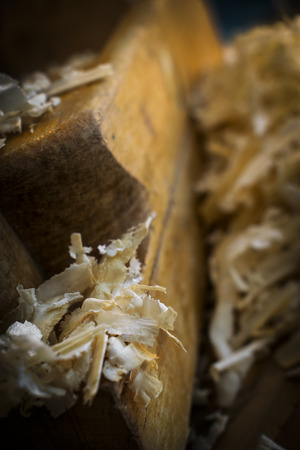 Pile of Sawdust in close-up view with piece of wood in dark environmentの写真素材