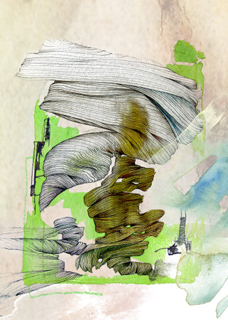 linear drawn illustration of a bird in flight with a green backgroundの写真素材