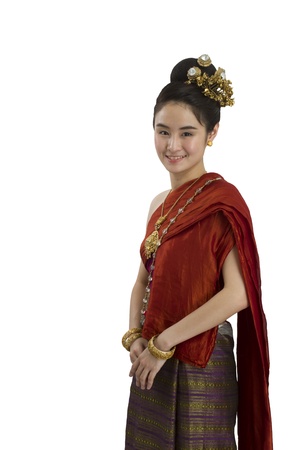 thai girl and ancient cloth on white backgroundの写真素材