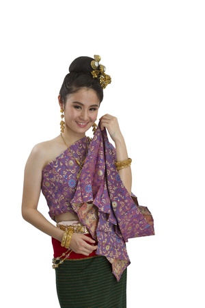 thai girl and ancient cloth on white backgroundの写真素材