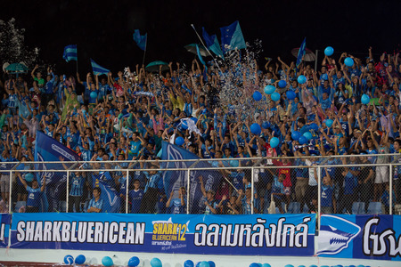 CHONBURI THAILAND- JULY 13:Fan Club of Chonburi Fc in Thai Premier League (TPL) between Chonburi Fc(blue) vs BEC-Tero Sasana(orange) on July 13, 2014  at Chonburi Stadium in Chonburi Thailandのeditorial素材