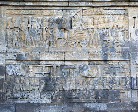 Detail of carved relief at Borobudur Temple, Java, Indonesiaの写真素材