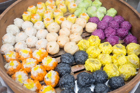 various types of dim sum in wooden steamerの写真素材
