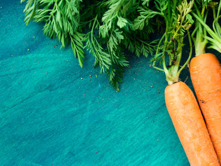 Dark green background with bunch of paddock carrots and copy spaceの写真素材