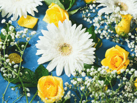 Floral  composition of roses and gerbers on blue backgroundの写真素材
