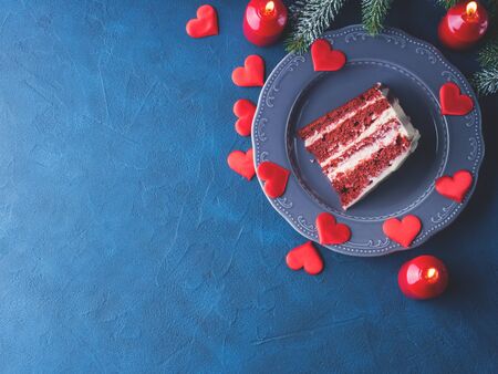 Red velvet cake slice for Valentines day dessert. Sweet treat for romantic date or Christmas party....