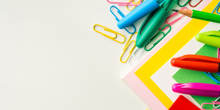 Stationery colorful writing tools accessories pens pencils, color paper. Back to school. Office...