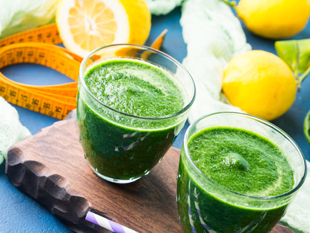 Green detox smoothie with spinach and spirulina. Lose weight diet conceptの写真素材