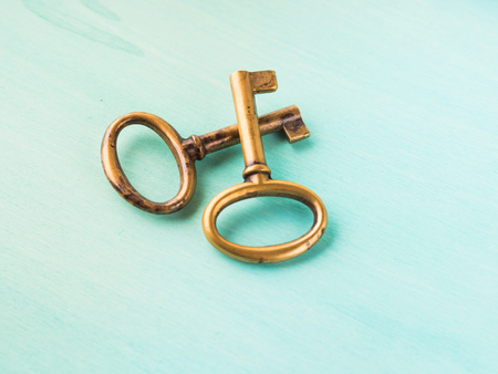 Two vintage brass keys on green pastel backgroundの写真素材