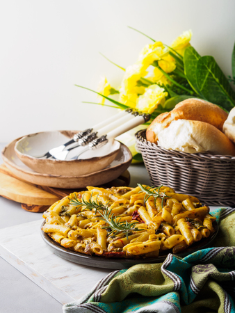 Italian Fried macaroni pizza with penne and bell peppersの写真素材