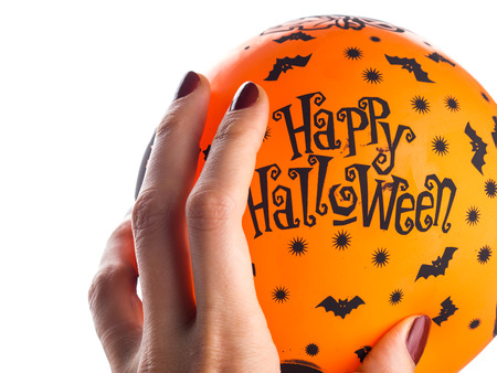Halloween party orange balloon wishing Happy holiday on whiteの写真素材