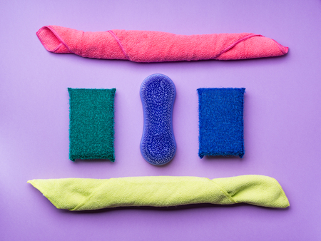 Abstract background with cleaning cloths, sponges. Colorful washing conceptの写真素材