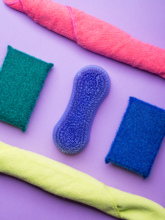 Abstract background with cleaning cloths, sponges. Colorful washing conceptの写真素材