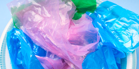 Colorful pastic bags texture closeup. Plastic use or disposal conceptの写真素材