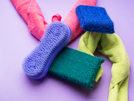 Abstract background with cleaning cloths, sponges. Colorful washing conceptの写真素材