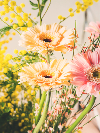 Bunch of beautiful flowers gerbera closeup. Woman, mother day greeting card.の写真素材