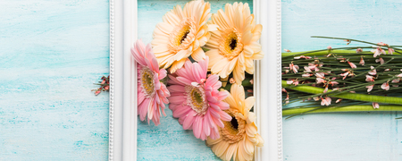 Beautiful pink and yellow flowers in white frame on pastel green background. Woman, mother day...