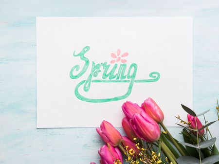 Beautiful tulips and word Spring written in green letters on pastel turqouise background. Woman, mother day Easter greeting card.の写真素材