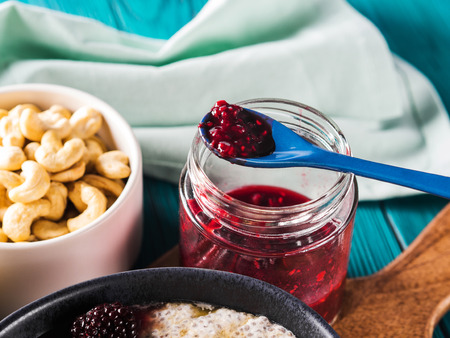 Healthy breakfast with berries and nut butter.の写真素材
