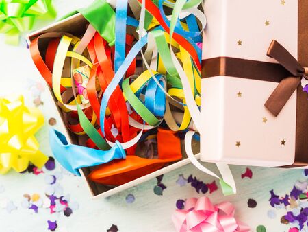 Open gift box with streamers, confetti. Party conceptの写真素材