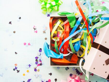 Open gift box with streamers, confetti. Party conceptの写真素材