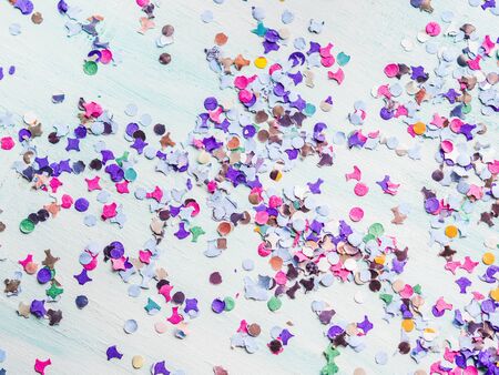 Colorful party festive background with confetti. Flat lay