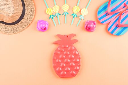 Vacation on the beach concept with colorful summer beach accessories - ananas shape frozen liquid...