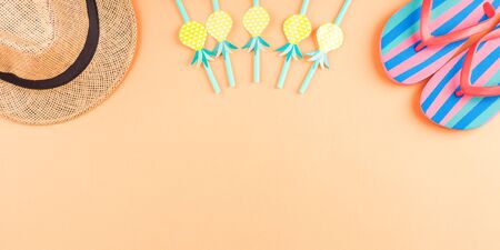 Vacation on the beach concept with colorful summer beach accessories. Banner