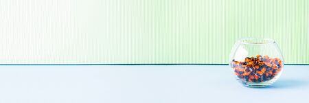 Long Halloween banner with candies in bowl on pastel green and blueの写真素材