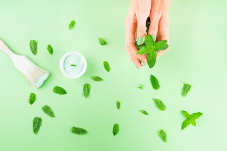 Hand with mint and paint brush on green mint background. Redecorating, renovation concept. Fashion and interior design trend for 2020の写真素材