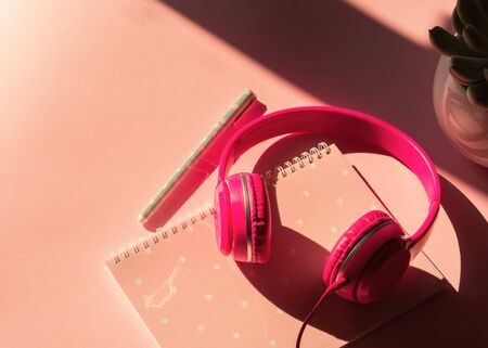 Magenta headphones, notebook and succulent plant on pink background. Hard light with shadow. Angle viewの写真素材