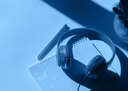 Classical blue color headphones, notebook and succulent plant. Hard light with shadow. Angle view. Trendy colour of 2020の写真素材