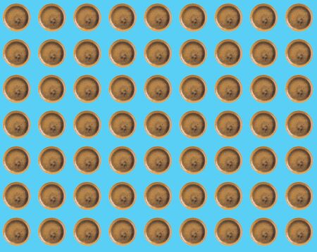 Espresso coffee spot flat lay pattern on blue pastel color background. Pop art design concept.