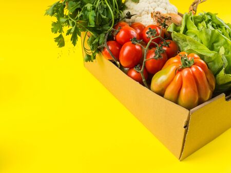 Fresh produce, food staples delivery or donation box concept on yellow background.の写真素材