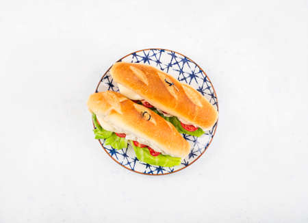 Freshly baked baguette submarine sandwich with tomatoes, lettuce and melted cheese over white...